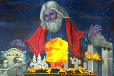 A robed bearded figure standing over a mushroom cloud and a burning city, arms outstretched under a night sky