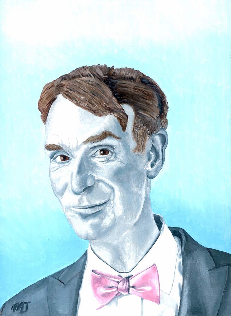 Painted portrait of Bill Nye in a suit and pink bow tie, smiling, against a pale blue sky