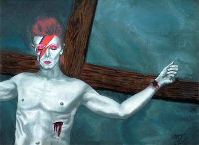 A pale figure with a red lightning bolt across the face, arms outstretched against a wooden beam, on a deep teal ground