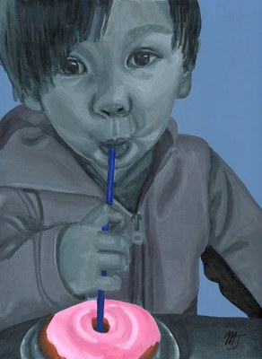 A small boy drinking through a straw with a pink frosted donut in front of him, painted in greyscale
