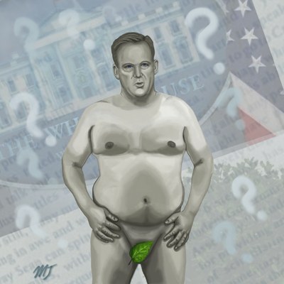 A standing male figure behind a small green leaf, against a faded collage of newsprint and question marks