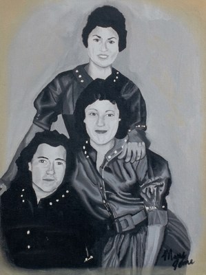 Three women in greys, painted from an old photograph: one standing behind with her hand on the shoulder of one seated, a third leaning in at the front, all in dark dresses with bright buttons, on a warm cream ground