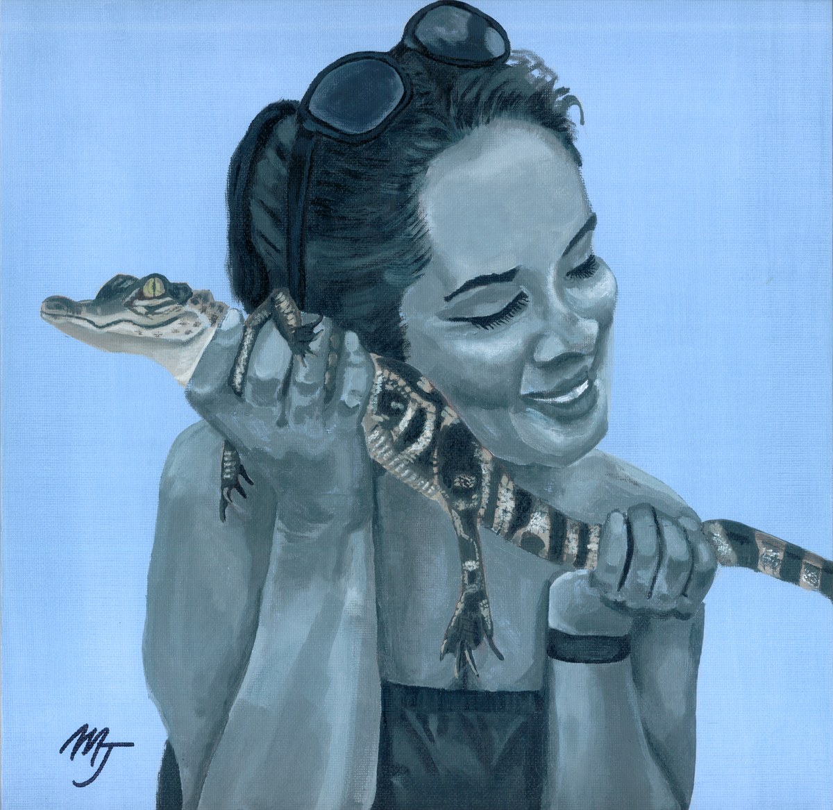 A smiling woman in greyscale holding a small alligator across her hands, against a pale blue ground