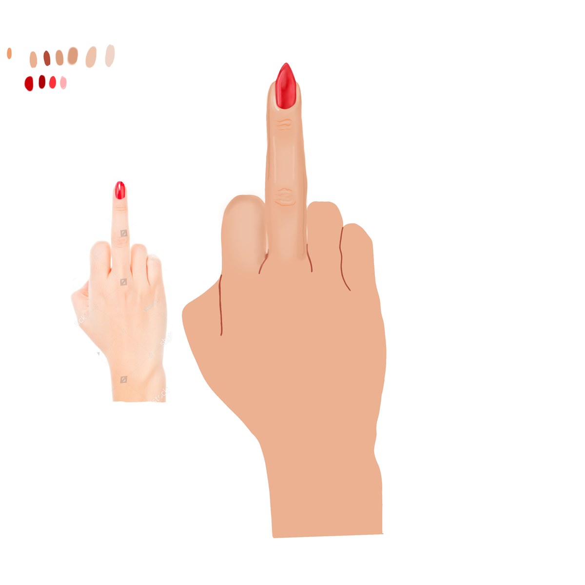 Two drawn hands on white, a small pale hand at left and a larger hand raising its middle finger, both with red nails, with colour swatches at the top left