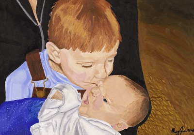 Two children close together, the older one leaning down to kiss a baby, against a warm ochre ground