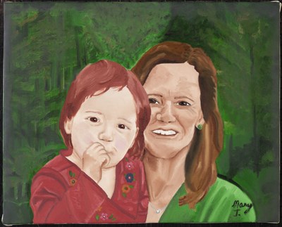 A woman in green and a small child in red, close together against a dark green ground