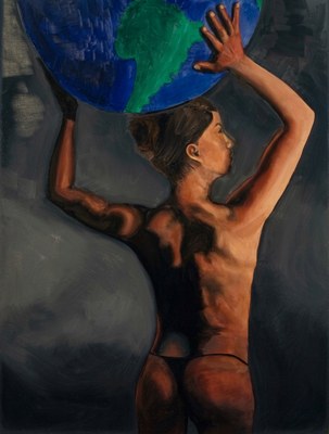 A woman seen from behind, arms raised, holding a blue and green globe above her head against a grey ground, the light on her back and arms