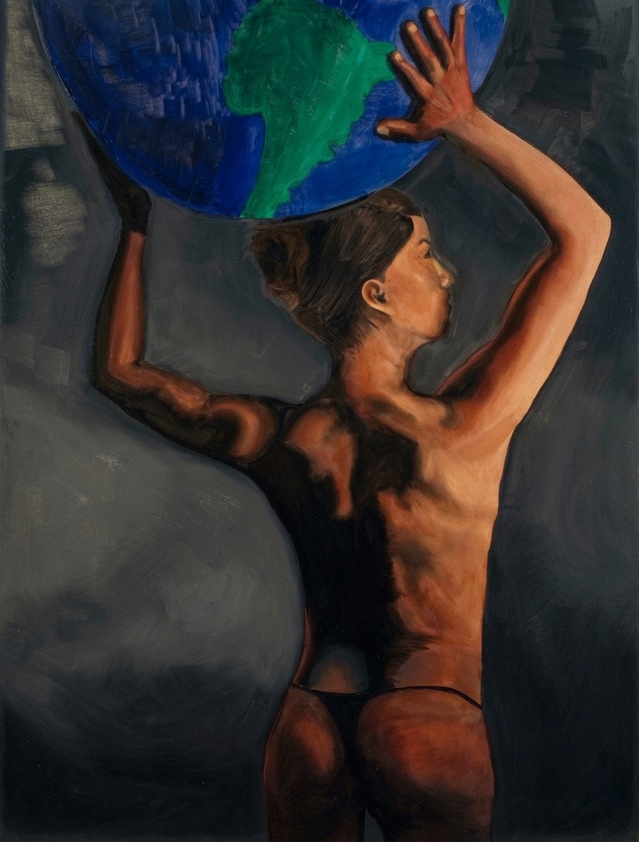 A woman seen from behind, arms raised, holding a blue and green globe above her head against a grey ground, the light on her back and arms