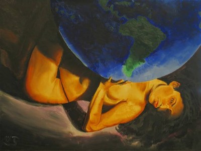 A figure lying beneath a large painted globe, the body lit in gold against a dark ground