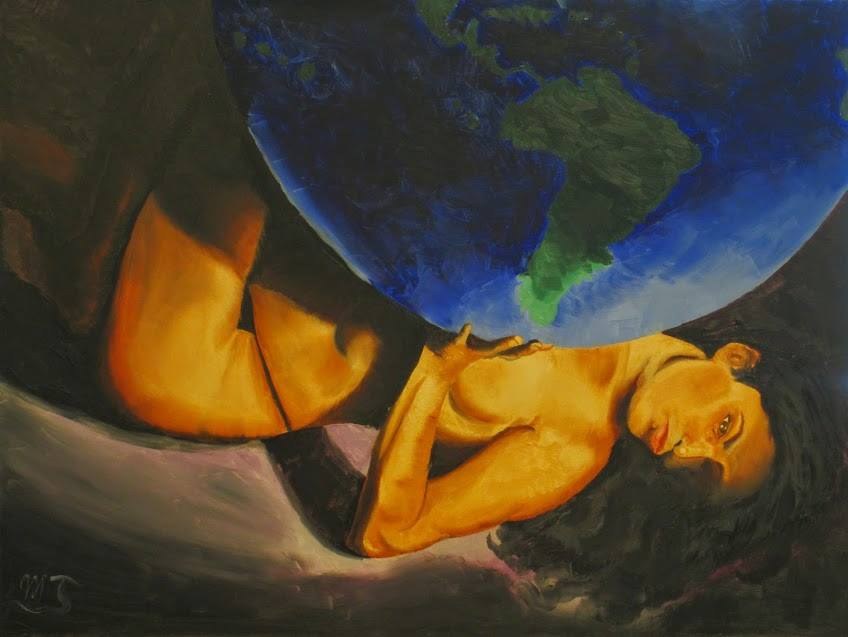 A figure lying beneath a large painted globe, the body lit in gold against a dark ground