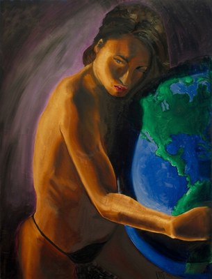 A woman seen from the side, bare-shouldered, arms wrapped around a large blue and green globe, her face turned down toward it, on a dark purple ground